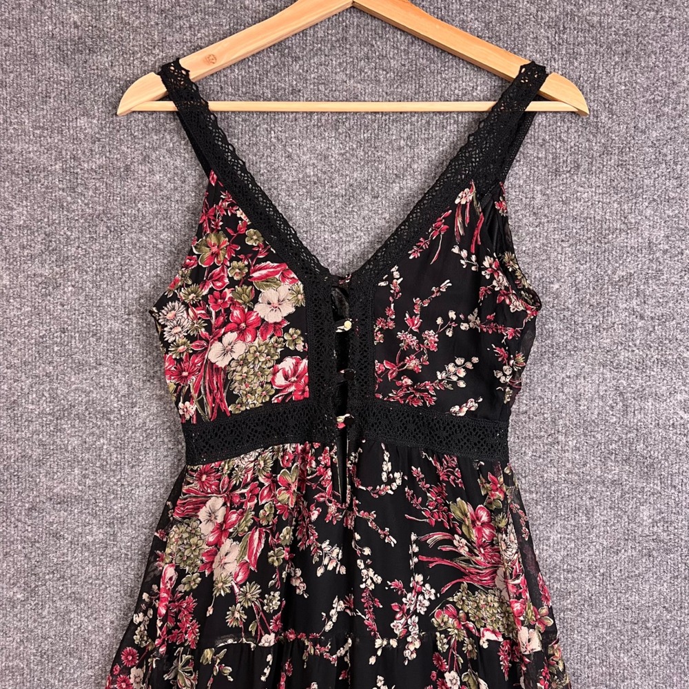 VTG 90s United Colors Of Benetton Silk Floral Midi Dress Small Lace Trim Tiered - Picture 5 of 11